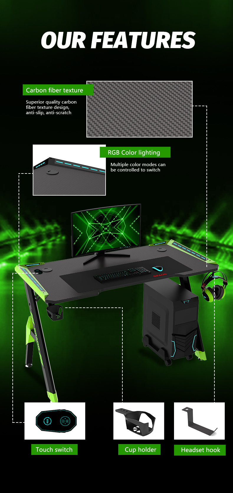 R Shaped Eco-Friendly Integrate Gaming Desk with RGB Light R-förmiger, umweltfreundlicher integrierter Gaming-Schreibtisch mit RGB-Licht