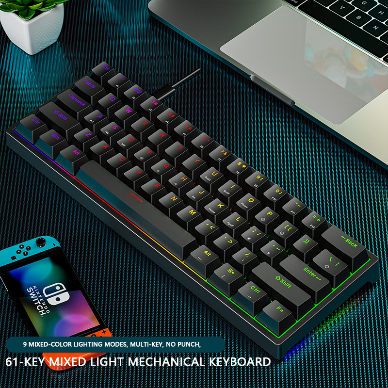 Elektronische sportliche kabelgebundene mechanische Tastatur. Steckbare mechanische Tastatur mit 61 hellgrünen Achsen