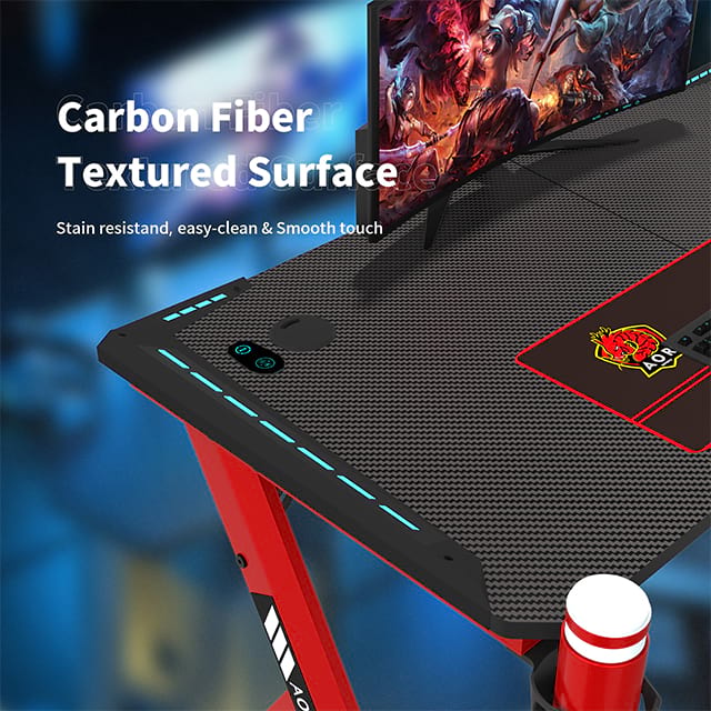 Gaming-Schreibtisch, LED-R-förmiger Karbonfaser-Desktop-Home-Office-Schreibtisch mit Mauspad, Getränkehalter und Kopfhörerhaken, 47 Zoll, Rot