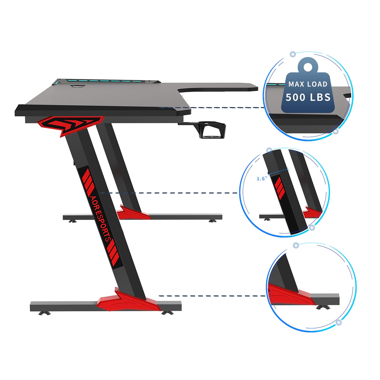 Gaming-Schreibtisch aus Spanplatten der G&uuml;teklasse P2 mit ergonomischem Design f&uuml;r B&uuml;ro L1-7