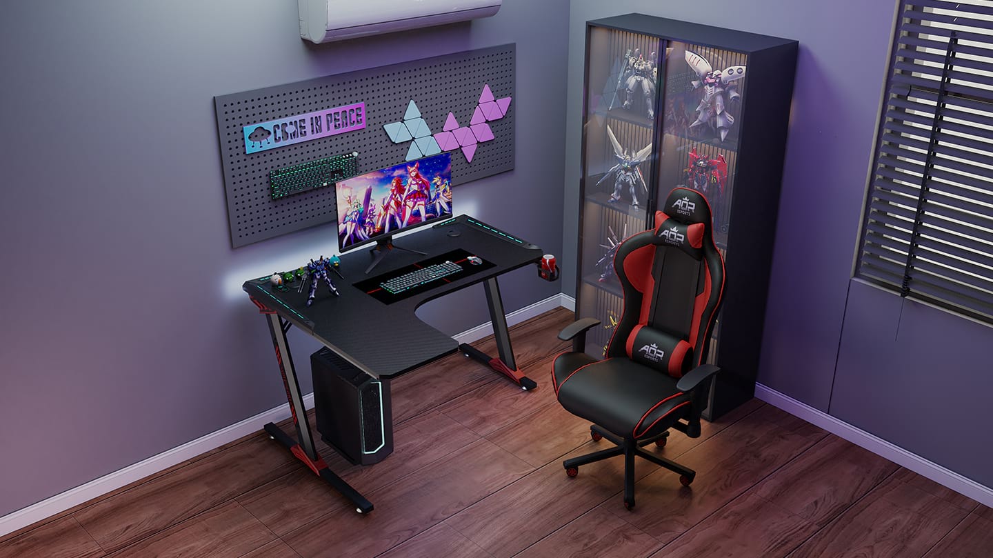 Gaming-Schreibtisch aus Spanplatten der G&uuml;teklasse P2 mit ergonomischem Design f&uuml;r B&uuml;ro L1-7