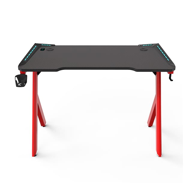 Gaming-Schreibtisch, LED-R-förmiger Karbonfaser-Desktop-Home-Office-Schreibtisch mit Mauspad, Getränkehalter und Kopfhörerhaken, 47 Zoll, Rot