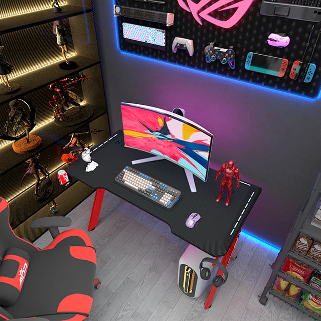 Gaming-Schreibtisch, LED-R-förmiger Karbonfaser-Desktop-Home-Office-Schreibtisch mit Mauspad, Getränkehalter und Kopfhörerhaken, 47 Zoll, Rot