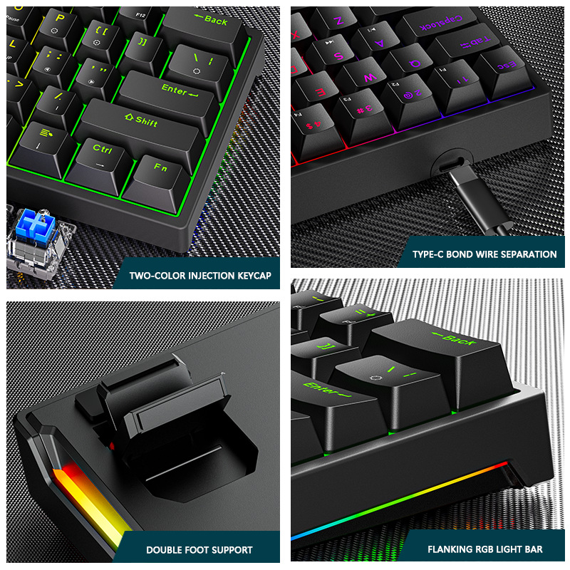 Elektronische sportliche kabelgebundene mechanische Tastatur. Steckbare mechanische Tastatur mit 61 hellgrünen Achsen