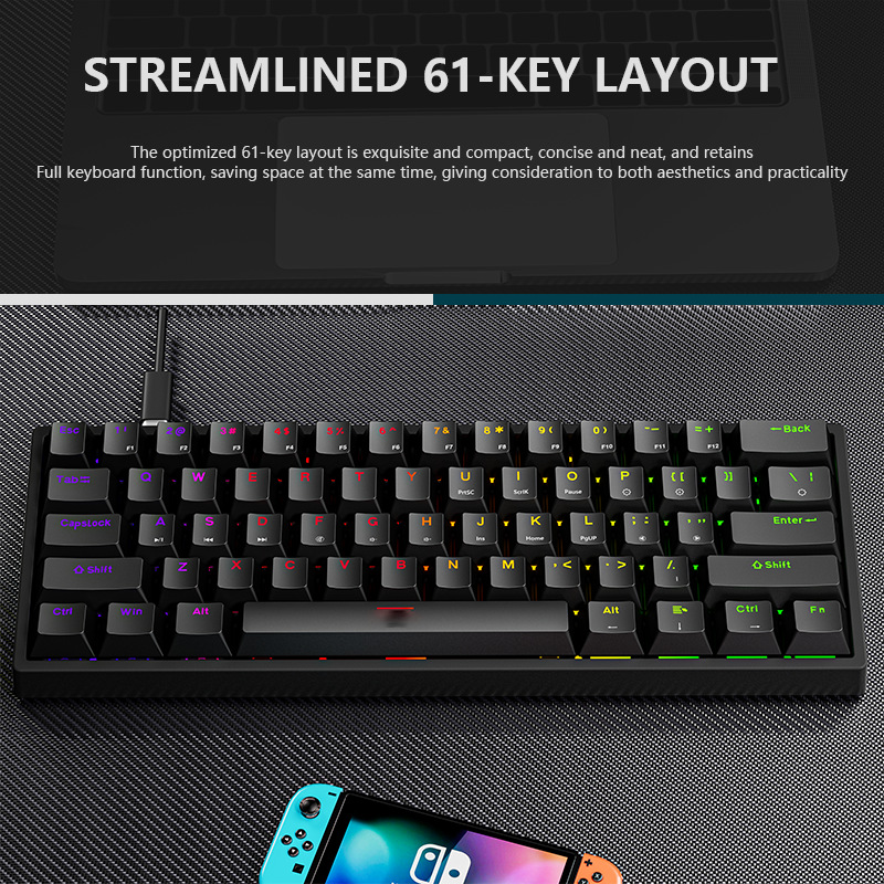 Elektronische sportliche kabelgebundene mechanische Tastatur. Steckbare mechanische Tastatur mit 61 hellgrünen Achsen